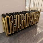Oval Black High-Gloss Sideboard with Raised Gold Tubular Pattern and Arch Details
